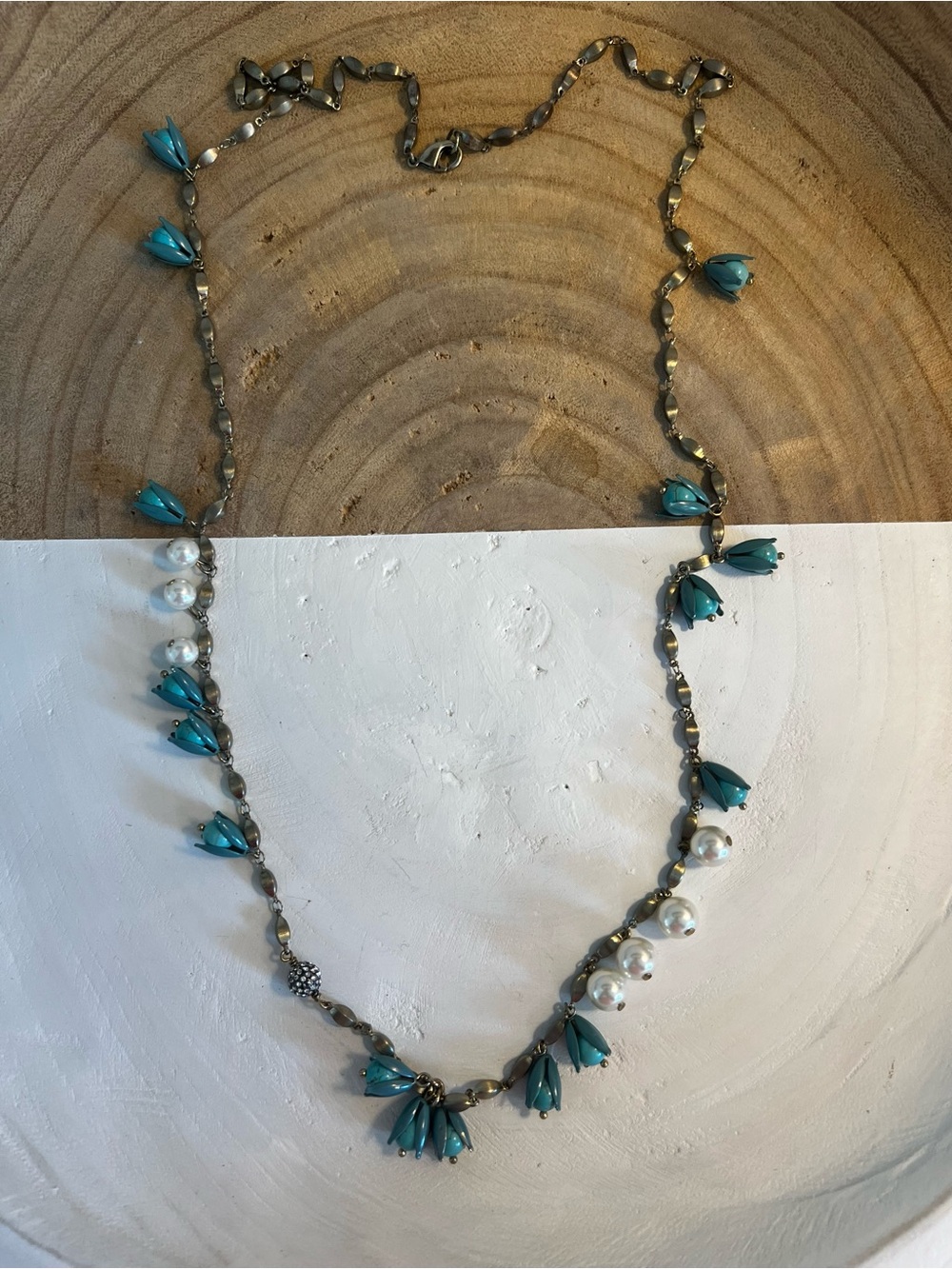 Anthropologie Turquoise & Pearl Brass-Chain Necklace